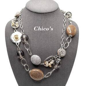 Chico's Long 42" Bead Necklace Beige Lavender Clear Layering